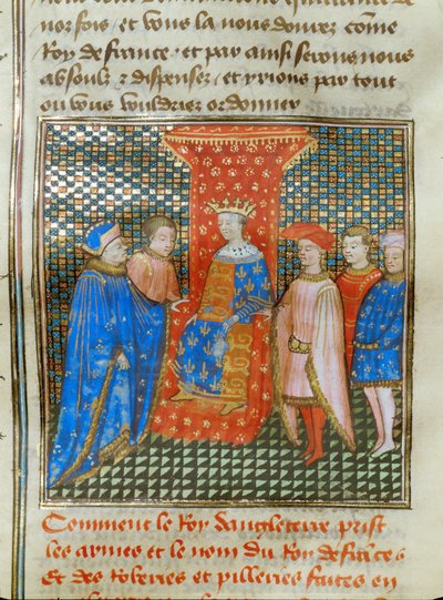 英国国王爱德华三世身着印有英法两国国徽的外衣，坐在王座上聆听阿图瓦的罗伯特的演讲... 作者 让·弗洛萨特