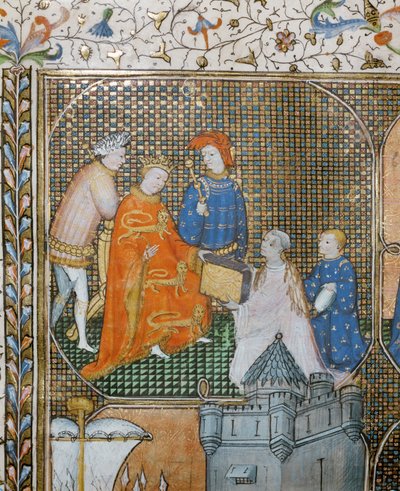 历史学家弗罗瓦跪在地上，身着教士服装，向爱德华三世呈递他的《百年战争编年史》...... 作者 让·弗洛萨特