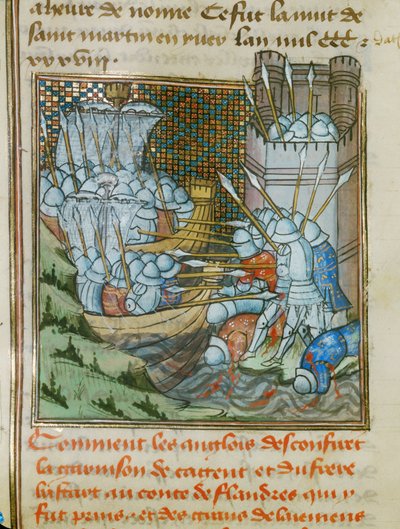 两艘英国战船载着身着盔甲、手持长矛的士兵进攻佛兰德斯的卡德桑德港... 作者 让·弗洛萨特