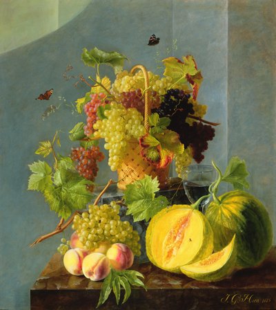 静物与葡萄与瓜的篮子，1815年（铜上油） 作者 Jean Georges Hirn