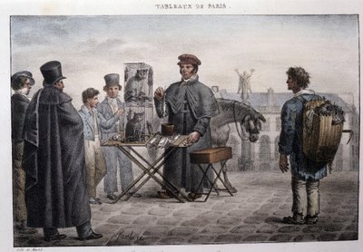 前巴黎街头艺人：鼠死商人（camelot）。 Jean Henry Marlet（1771-1847）在“Les Tableaux de Paris”中的版画系列，共 72 幅，19 世纪后期。 作者 让·亨利·马莱特