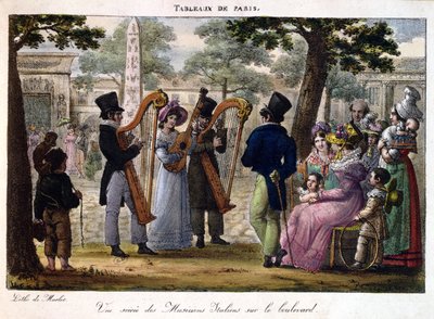 意大利音乐家在巴黎大道上表演，来自&39;Tableaux de Paris&39;，1820年 作者 让·亨利·马莱特
