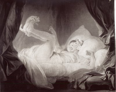 La Gimblette 或年轻女孩让她的狗在床上跳舞（布面油画）（黑白照片） 作者 让·奥诺雷·弗拉戈纳尔
