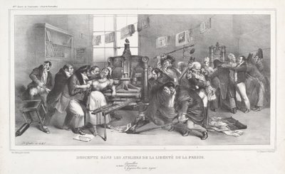 对新闻自由讲习班的突击检查 作者 Jean Ignace Isidore Grandville 和 Auguste Desperet