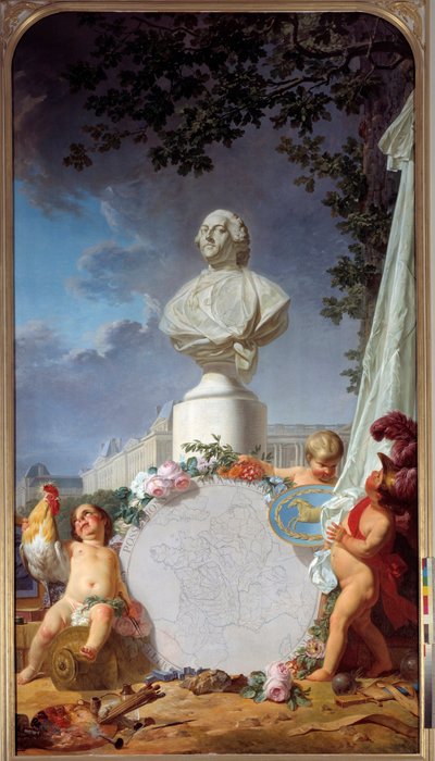 学术欧洲 法国荣耀的寓言代表，路易十六 (1754-1793) 的半身像在法国财产、公鸡、天使和艺术和科学的象征的地图上占据主导地位。 Jean Jacques Bachelier (1724-1806) 的绘画 1762 凡尔赛宫 作者 让·雅克·巴切里尔