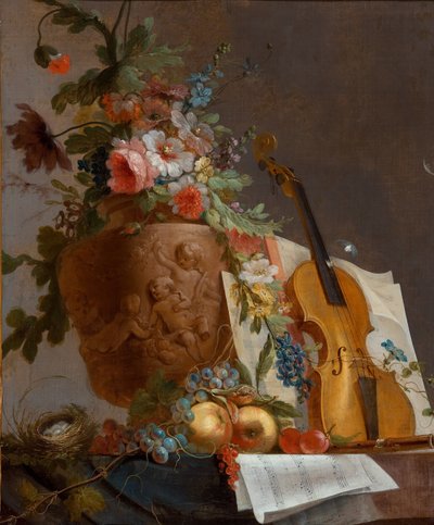 用鲜花和小提琴的静物，c。 1750 作者 让·雅克·巴切里尔