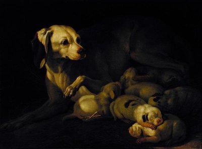 The Bitch Hound护理她的小狗，详细介绍了1755年Jean-Baptiste Oudry的原作 作者 让·雅克·巴切里尔