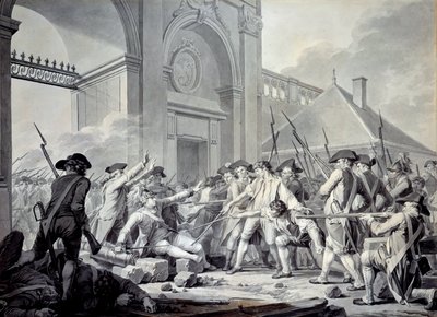 南锡案。1790年8月31日，布瓦耶侯爵（1739-1800）对反抗其军官的南锡驻军士兵进行了镇压。战斗发生在斯丹维尔门的哨所前，其间 作者 Jean Jacques Francois Le Barbier