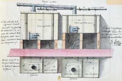 巴黎Hotel de Montholon酒店供暖水系统设计，1787（纸上写着） 作者 让·雅克·勒奎（Jean Jacques Lequeu）