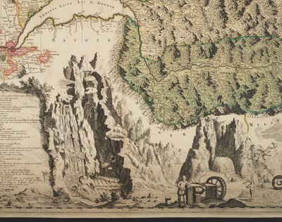 Nova Helvetiae tabula geographica illustrissimis et potentissimis cantonibus et rebuspublicis reformatae religionis Tigurinae, Bernensi, Glaronensi, Basiliensi, Scaphusianae, Abbatis Cellanae，细节，约 1712 年（手绘彩色印刷品） 作者 让·雅克·舍切泽（Jean Jacques Scheuchzer）