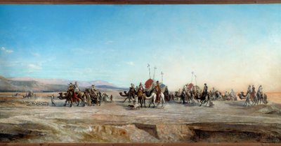 在沙漠中寻找游牧人和骆驼的露营商队。 Jean Joseph Bellel (1816-1898) 的绘画 19 世纪蒙彼利埃，法布尔博物馆 - 寻找营地。 沙漠中的游牧商队和骆驼。 让·约瑟夫·贝勒尔 (Jean Joseph Bellel) 的绘画（1816-1898） 作者 让-约瑟夫·贝勒