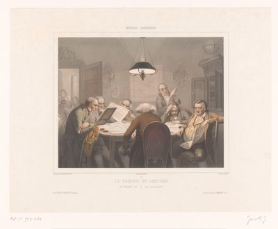 七个人在桌边读书
Le cabinet de lecture / The reading club / Das lesecabinet（物品上的标题）
不寻常活动的表现（系列名称）
综合博物馆（物品上的系列名称） 作者 弗朗索瓦·路易斯·卡蒂尔