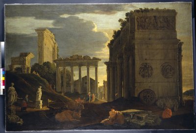 Capriccio 视图与凯旋门旁的人物以及土星和木星 Tonans 神庙（布面油画） 作者 让·勒梅尔