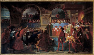 King Louis XII proclaimed father of the people to the States General of Tours on 14 May 1506. This title is given to him because he reduced the size, tax paid by commoners. Painting by Jean Louis Bezard (1799-1861) 作者 让·路易斯·贝扎德