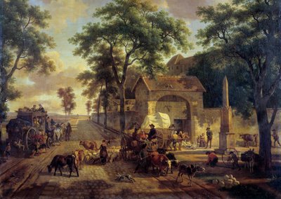 一条有农民、畜群和牧羊人推车的风景路。Jean Louis Demarne (1744-1829) 19世纪的画作。Dim.0.5x0.61米。 作者 让·路易·德玛恩