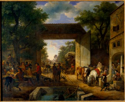 旅馆门口的集市 画由 Jean Louis Demarne (1744-1829) 19 世纪 Sun。 0,5x0,6 m 作者 让·路易·德玛恩