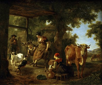 在农场里。农村生活中的一个场景 par Demarne, Jean-Louis (Jean Louis de Marne ou de Marnette) (约1752-1829)。布面油画，18世纪下半叶，萨拉托夫国家A.拉迪什切夫艺术博物馆，萨拉托夫 作者 让·路易·德玛恩