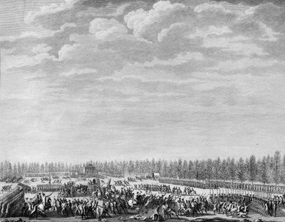 法国大革命：Gilbert du Motier，Marquis de la Fayette (1757-1834) 于 1790 年 1 月 12 日在巴黎的香榭丽舍大街上解除了 200 名因行为不检而解除武装的士兵。 Berthaut 的版画是在 Prior 之后。 巴黎，R 历史研究所图书馆 作者 尚·路易二世（后）普里尔
