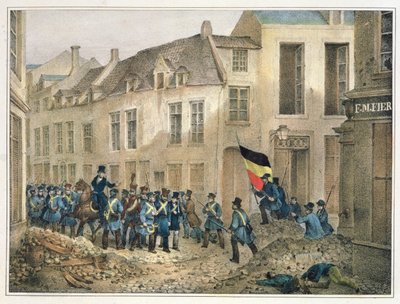 布鲁塞尔Rue de Louvain，1830年9月23日，由AM Jobard雕刻（1820-30） 作者 让·路易斯·范·赫默里克