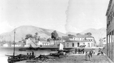 海关大楼和圣文森特码头，特立尼达，由Eugene Ciceri雕刻，1850年 作者 让·米歇尔·卡萨邦