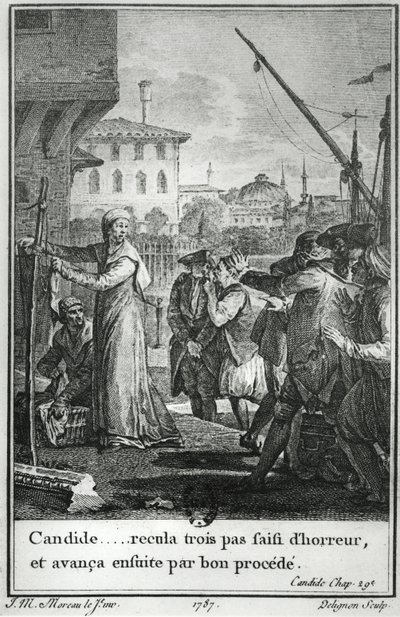 Candide ......惊恐地抓住了三个步骤，然后进行了一个很好的过程，由Candide by Francois Voltaire（1694-1778）的第29章插图，由Jean Louis Delignon（1755-1804）1787年刻 作者 让-米歇尔小莫罗