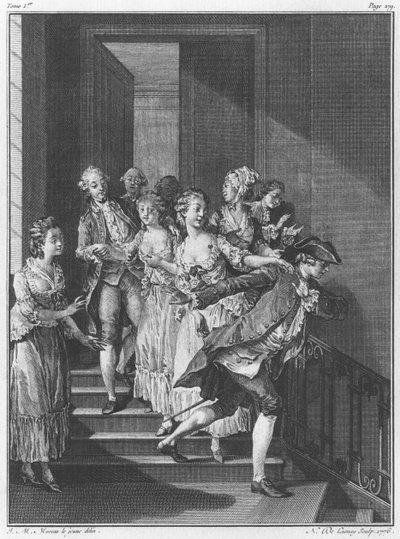 Saint-Preux逃离，第I卷，第279页，来自Jean-Jacques Rousseau（1712-78）的“The New Heloise”插图由Noel Le Mire（1724-1800）雕刻 作者 让-米歇尔小莫罗