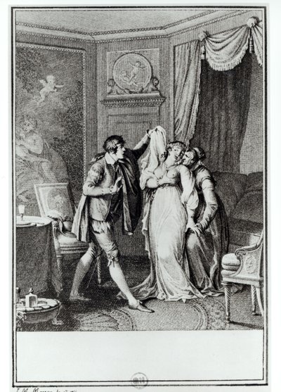 “脱掉那面纱”老女人向Candide说道，弗朗索瓦·伏尔泰（1694-1778）1787（雕刻）的“Candide”第7章插图（bw照片） 作者 让-米歇尔小莫罗