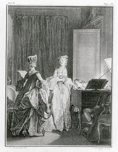 大键琴，来自Jean-Jacques Rousseau（1712-78）的&39;La Nouvelle-Heloise&39;的插图，由Noel Le Mire（1724-1800）雕刻（另见208105） 作者 让-米歇尔小莫罗