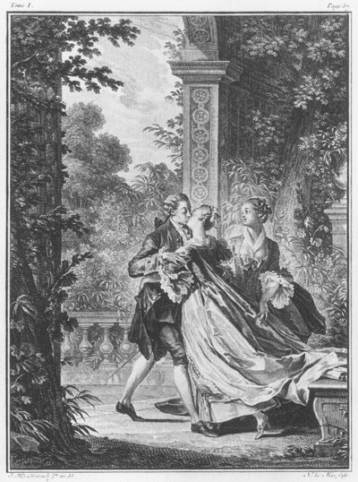 爱的第一个吻，第一卷，第37页，来自&39;La Nouvelle Heloise&39;的插图，由Jean-Jacques Rousseau（1712-78）雕刻，Noel Le Mire（1724-1800） 作者 让-米歇尔小莫罗