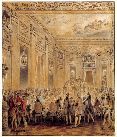 巴里伯爵夫人（1743-1793 年）、路易十五的情妇珍妮·贝库（Jeanne Becu）于 1771 年 9 月 2 日在 Louveciennes 城堡举办的盛宴。 Jean Michel Moreau le Jeune（1741-1814 年）的水彩画。 太阳 0.31x0.26 m 巴黎，卢浮宫博物馆 作者 让-米歇尔小莫罗