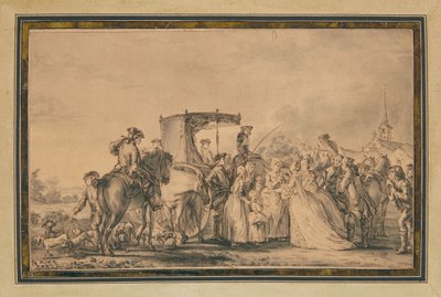 1773年，玛丽·安托瓦内特（Marie Antoinette）离开马车，被她的紧身胸衣包围着，抚慰着农民。 作者 让-米歇尔小莫罗