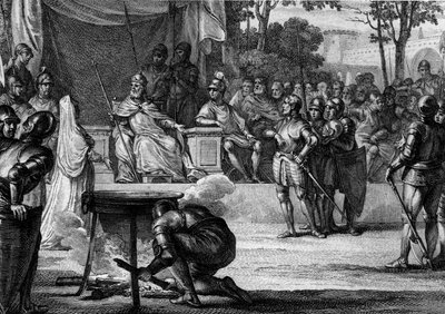 Ordalies或 "上帝的审判"，831年：被指控叛国的虔诚的路易一世或德波纳尔（778-840）、他的妻子朱迪思-维尔福（805-843）和王国的内侍塞普蒂曼尼亚的伯纳德（约800-844），试图在法庭上证明自己的清白。 作者 让-米歇尔小莫罗