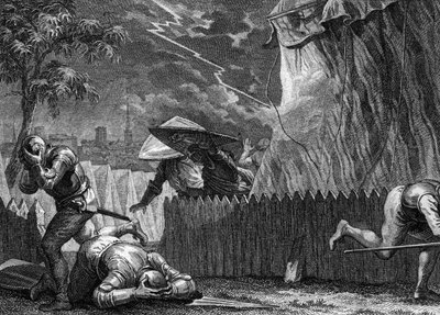 普瓦捷围攻战，954年：在一场风暴中，一束光摧毁了胡戈大帝（897-956）的帐篷。让-米歇尔-莫罗（Jean Michel Moreau）（1741-1814）的版画。 作者 让-米歇尔小莫罗