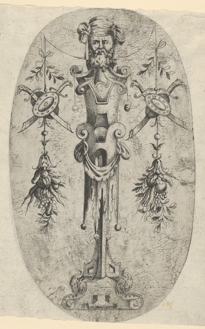 男性终端人物，头戴胡须和头巾，身穿三等分带式踏板...，约1543-1545年。 作者 让·米尼翁