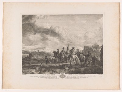 风景中休息的狩猎队
Le Conseil des Chasseurs（物品上的标题）
根据飞利浦-乌尔曼（Philips Wouwerman）画作绘制的版画（系列名称
Oeuvres de Ph.pe Wouwermans Hollandois（系列名称） 作者 让·莫约