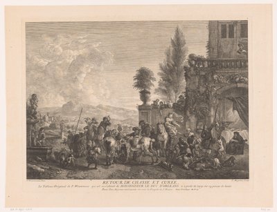 狩猎队归来 Retour de chasse et curée（物体上的标题） 飞利浦·沃沃曼 (Philips Wouwerman) 绘画作品的版画（系列标题） Oeuvres de Ph.pe Wouwermans Hollandois（系列标题） 作者 让·莫约
