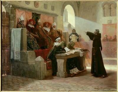 Albigeoise Inquisition：“朗格多克·伯纳德·德利西厄 (1260-1318) 的鼓动者，方济各会修士在审判期间。” 审判现场：第一排中间，面对伯纳德·德利西厄，大审判官被两个宗教徒包围，身后 作者 Jean Paul Laurens