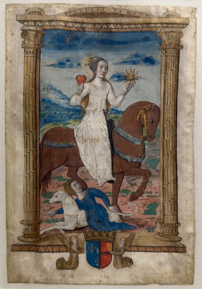 慈善与嫉妒Les rondeaux des vertus，1515 年之后（彩绘和彩饰羊皮纸） 作者 让·皮乔尔