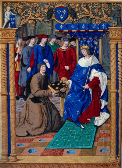 弗朗西斯科·彼得拉克（Francesco Petrarca）或彼特拉克（Petrarch）向法国国王路易十二展示了他的书。 缩影《针对两种命运的补救措施》。 《De remediis utriusque fortunae》，彼特拉克 (Petrarch)（1304-1374 年）创作，Jean Picore 于 1503 年左右绘制。巴黎，荷兰 作者 让·皮乔尔