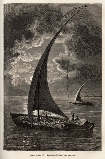 Les barques du haut Nile, reduced crew and passengers sleeping on deck, in moonlight, engraving after J.Moynet