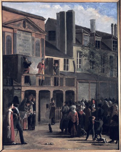 La Parade de Bobèche et Galimafre，Jean Roller的画作，表现了观看街头表演的人群。19世纪的油画。 作者 吉恩·罗勒