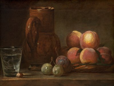 水果、水壶和玻璃杯，约1726-1728。 作者 让·巴蒂斯特·西蒙·查尔丁