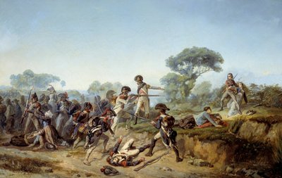 买主战争中骑士查尔斯·德·布瓦哈迪（Wood Hardy，Boishardy）想要拯救他的情妇（1795）。 让·索勒伊 (Jean Soreuil) 的绘画（1824-1871） 作者 让·索雷伊