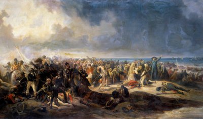 旺代战争："基伯龙之战"：1795 年 7 月 21 日，拉扎尔-霍什将军阻止了一起企图让保皇党移民登岸的行动，保皇党移民与朱昂人有联系。让-索雷伊（1824-1871 年）的画作，1850 年 阿拉斯，美术博物馆 作者 让·索雷伊