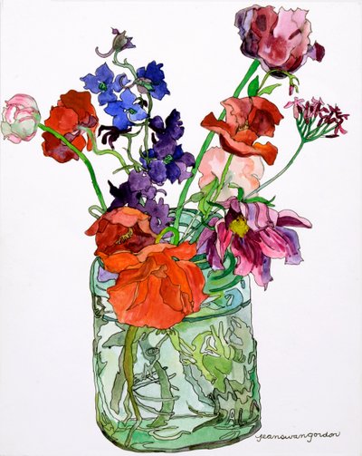 瓶中的飞燕草、罂粟花及其他，2011 年（纸上水彩和墨水） 作者 吉恩·斯万·戈登