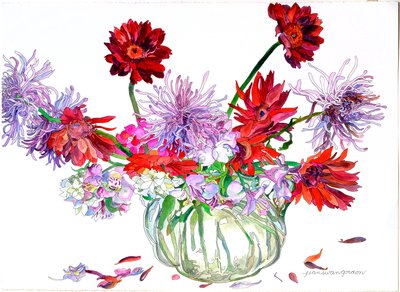 非洲菊、伯利恒之星、蜘蛛菊、海西投手，2000 年（纸上水彩和墨水） 作者 吉恩·斯万·戈登
