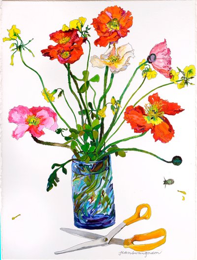 罂粟花、蓝色花瓶和剪刀（纸上水彩和水墨） 作者 吉恩·斯万·戈登