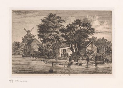 安特卫普 Engelsche 马甲收集树干的场景，背景为建筑物和风车
1867 年填充的 Engelsche 背心（物品上的标题） 作者 让·西奥多·约瑟夫·林尼