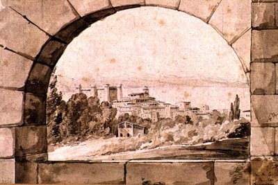 布拉奇亚诺的城市和湖泊景观，约1810年（纸上钢笔和棕褐色墨水与棕褐色水洗）。 作者 让·托马斯·蒂博