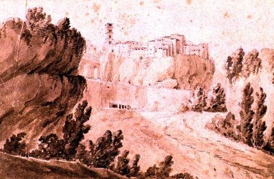 布拉奇亚诺镇风光，约1810年（纸上钢笔和深褐色水墨）。 作者 Jean Thomas Thibault